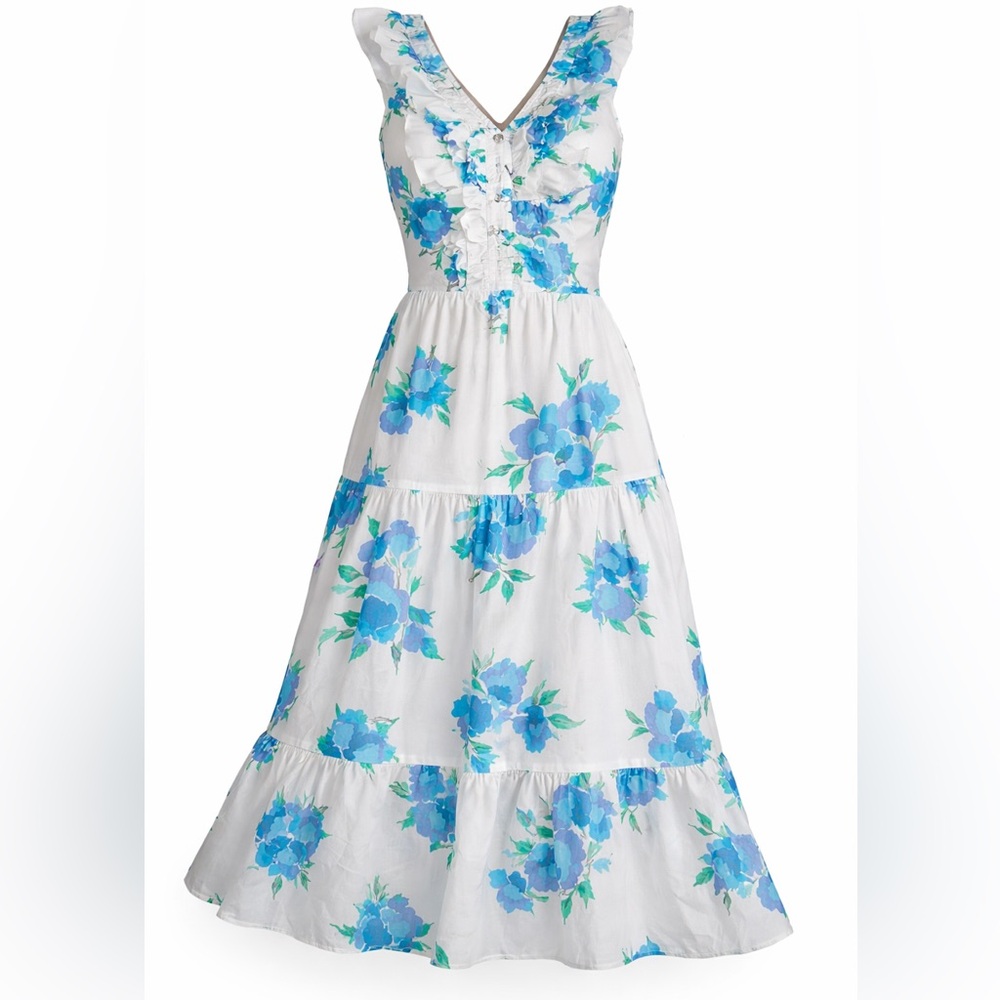 J. Crew Cotton White Maxi Dress with Blue & Green Floral Print M